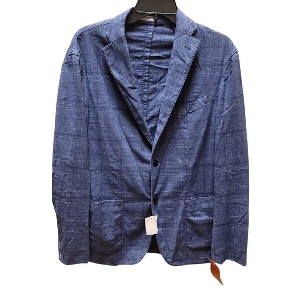 BOGLIOLI Italian Light Linen Jacket Blue Plaid Casual Summer EU50 Men's Large
